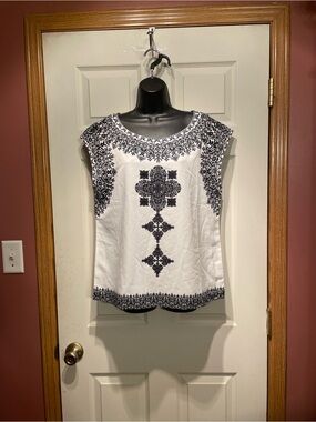 White and Black Embroidered Cap-Sleeve Women's Top